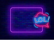 Online chat messaging neon poster. Funny talk. Speech bubble with lol text and empty purple frame. Cute greeting card. Copy space. Editing text. Vector stock illustration