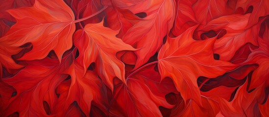 Wall Mural - A detailed close up of a painting depicting vibrant red leaves on a deciduous tree, showcasing the tints and shades of the foliage
