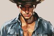 Handsome muscular young cowboy with open shirt, serious mysterious expression portrait illustration
