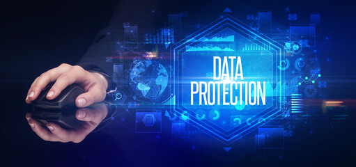 Poster - hand holding wireless peripheral, cyber security concept