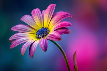 Sticker - A single pink and yellow flower with a blue center. The flower is the main focus of the image and is surrounded by a colorful background. Concept of beauty and tranquility