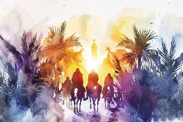 Wall Mural - Palm Sunday illustration, Christ's triumphal entry into Jerusalem, watercolor silhouette