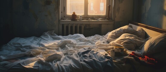 Wall Mural - A person is lounging on a hardwood floor in a dimly lit room in a building, next to a window overlooking the darkness outside