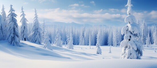 Poster - A winter wonderland unfolds in the snowy forest, with trees blanketed in snow under a clear blue sky on a freezing sunny day, creating a stunning natural landscape