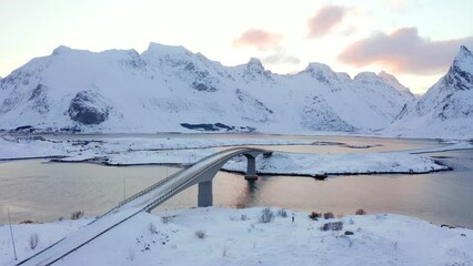 Wall Mural - 4k drone flight moving to the side footage (ultra high definition) of lofoten islands. exotic winter