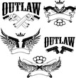 Set of Outlaw t-shirt print design templates. Guns with wings. Vector design elements for label, logo, emblem, poster, t-shirt print template.