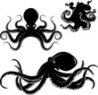 Set of octopus silhouettes isolated on white background. Seafood.  Design elements for logo, label, emblem, sign, badge, brand mark, restaurant menu, poster. Vector illustration.