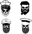 Set of sailors skulls. skulls with beard and hair. Vector design elements for label, logo, emblem, poster, t-shirt print template.