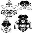 Set of pirate skulls. Admiral logo. Skull on anchor with two cross swords. Design elements for logo, label, badge. Vector illustrations.