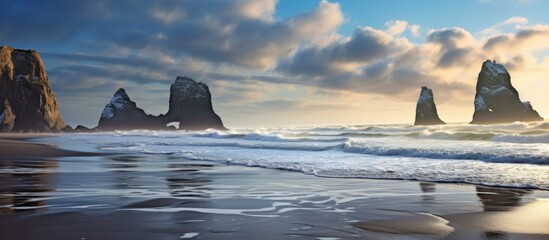 Sticker - A natural landscape with rocky beach, water, and sunset on the horizon. Clouds and wind waves in the sky, creating a picturesque seascape