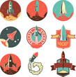 Set of  labels  with rockets. Rocket launch. Vintage rocket ships. Vector design  element for emblem, logo, insignia, sign, identity, poster.