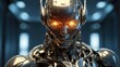 Metallic humanoid robot head with glowing eyes and detailed circuitry, futuristic AI concept.