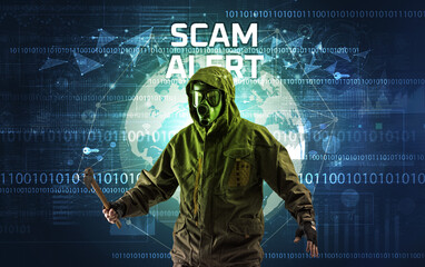 Poster - Faceless hacker at work, security concept