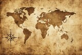 Fototapeta Mapy - Vintage sepia toned world map with compass, old paper texture travel exploration concept illustration