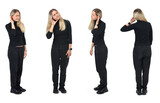 Fototapeta Na drzwi - various poses of a group of same woman with hand on ear who is listening on white background