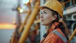  Oil rig worker, A capable woman working on an offshore oil rig, Oil rig platform background 