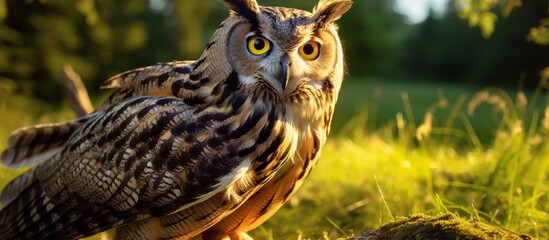 Wall Mural - A bird of prey, the owl, with sharp beak and feathered body, perches on a rock in the grass. This terrestrial animal, from the Falconiformes order, is known for its distinctive screech