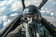 Portrait of a fighter pilot in an aircraft cockpit in the sky during aviator military mission. 