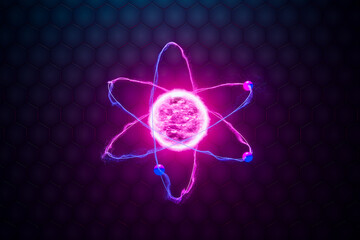 Electrifying Atom Model Illustration Against a Geometric Hexagonal Backdrop