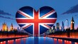 © AI-deas - A heart-shaped British flag  Union Jack , London skyline at dusk backdrop, city lights.