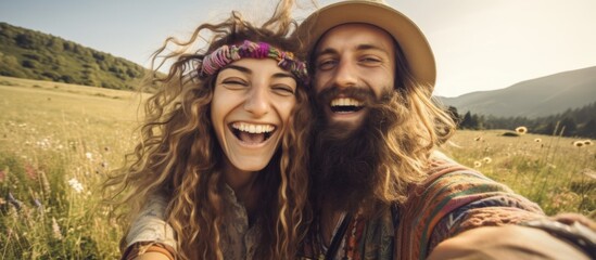 Canvas Print - A man and a woman with facial hair and sun hat are smiling happily while taking a selfie in a beautiful landscape, showing gestures of joy. They seem to be enjoying their travel adventure