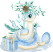 Hand Drawn Watercolor Illustration Of Christmas Cute Cartoon Snake