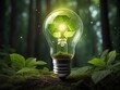 © Leohoho - A green light bulb with a recycle symbol inside on blurred green forest background. Eco-friendly recycling concept