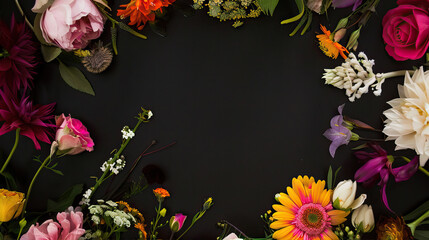 Black background with colorful flower's surrounding the edges of an empty circle, creating a frame for writing on it. The design includes various flower's such as roses and peonies in bright colors li