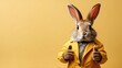 Funny rabbit in yellow jacket showing thumbs up on yellow background.