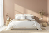 Fototapeta  - Minimalist Bedroom with Natural Tones, Comfortable Bedding, and Modern Aesthetics