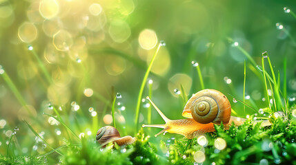 Tiny snail in grass with morning dew macro