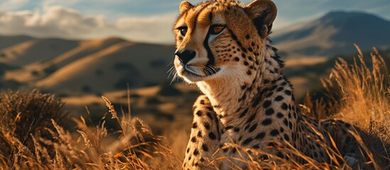 Sticker - A Felidae from the Ecoregion is a cheetah, a mediumsized cat with distinctive whiskers, sitting in a natural environment of tall grass, observing the camera