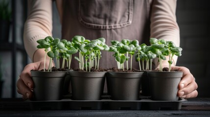 Hands seedling sprouts in the peat pots cassette. Home gardening hobby. The spring botanical organic