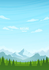 Wall Mural - vertical poster of a mountain landscape. green valley with trees and mountains. blue sky with clouds