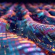 Shimmering digital waves flowing over a grid of luminescent squares, illustrating the flow of data in a modern world