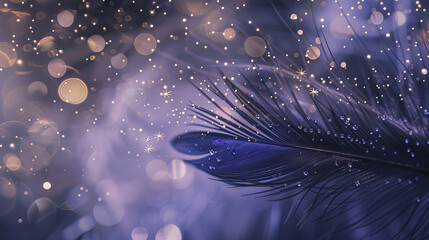 Wall Mural - A closeup of the texture and pattern on an elegant feather, with delicate feathers illuminated by sparkling lights against deep indigo hues. The background is a starry night sky, creating a dreamy atm
