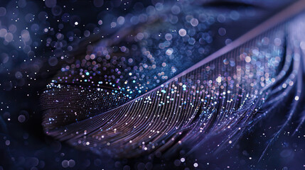 Wall Mural - A closeup of the texture and pattern on an elegant feather, with delicate feathers illuminated by sparkling lights against deep indigo hues. The background is a starry night sky, creating a dreamy atm