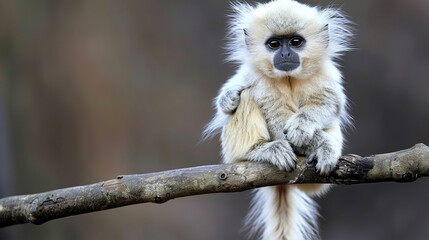 Wall Mural - White cute monkey with long tail sitting on branch, white fur and black eyes, fluffy hair