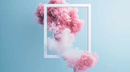 Poster - Abstract white square frame with a pink cloud on a blue background, color smoke in water, splashes and smears of paint in a minimal concept