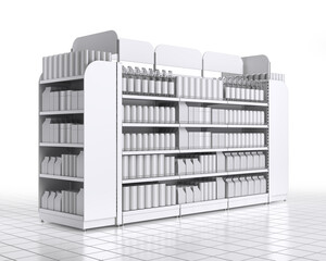 Retail shelf racks with blank products, design template for mockup. 3d illustration