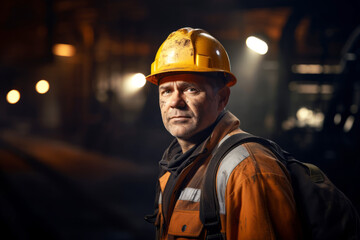 Portrait of a mining engineer or mining worker in a protective helmet and vest underground on a dark background with lights in the background with space for text or inscriptions
