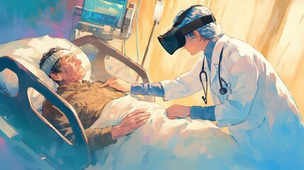 In watercolors, a VR-equipped doctor attends to a bedridden patient, showcasing the next-gen medical care.