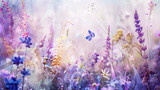 Fototapeta Lawenda - watercolor floral background with playful wildflowers in shades of purple, blue, and yellow, dancing amidst swaying grasses and whimsical butterflies