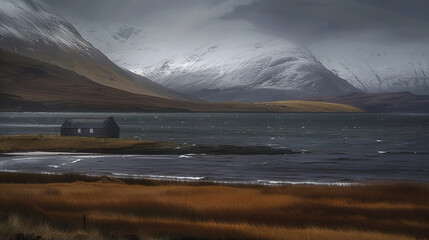 Wall Mural - Icelandic house in the middle of an ocean, surrounded by snowy mountains, cloudy sky, and water waves.