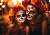 Fototapeta Most - Mother and Daughter Celebrating Day of the Dead With Traditional Sugar Skull Makeup