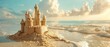 A detailed sand castle stands on a pristine beach