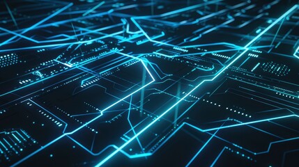 A computer screen with a blue background and a lot of lines. The lines are connected to each other and appear to be part of a circuit board. Concept of technology and complexity