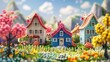 Quaint handknitted village houses in spring, with blossoming flowers and a rebirth of colors , 3D illustration