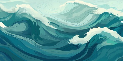  Animated cartoon waves in shades of jade and cerulean, illustrating the dynamic movement in a raw and whimsical illustration.