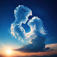 Wall Mural - Lightly colored cloud sculpted into the shape of a couple lover kissing in the clear blue sky